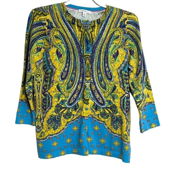 Isaac Mizrahi Sweater Womens Medium Cardigan Knit Top Paisley Blue Yellow Work - Picture 1 of 12